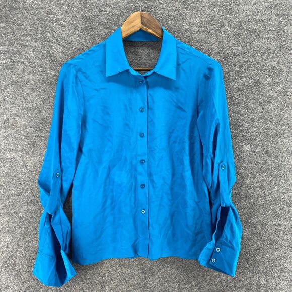 New Bebe Shirt Women XS Blue Button Up Silk Collared Long Sleeve Casual Solid - Picture 1 of 9